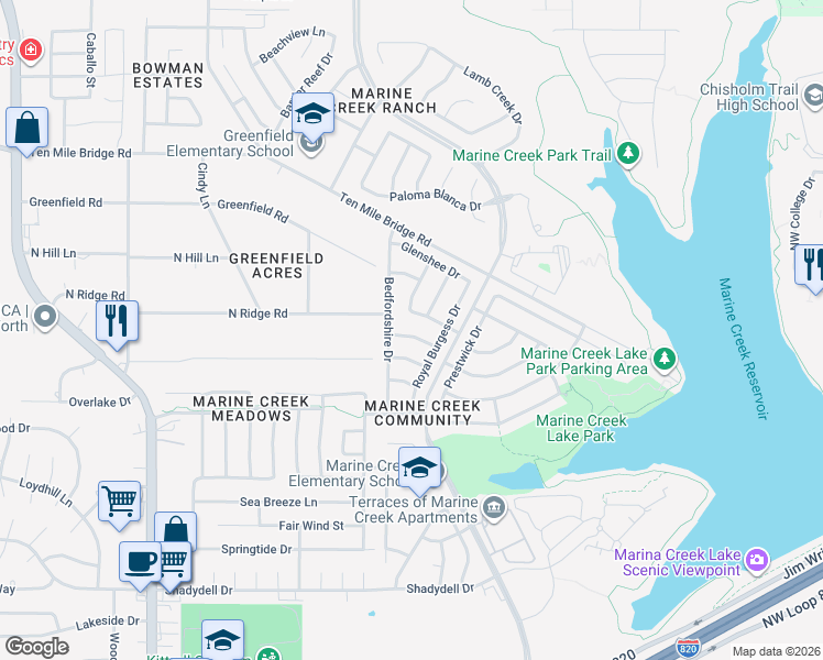map of restaurants, bars, coffee shops, grocery stores, and more near 5604 Wiltshire Drive in Fort Worth