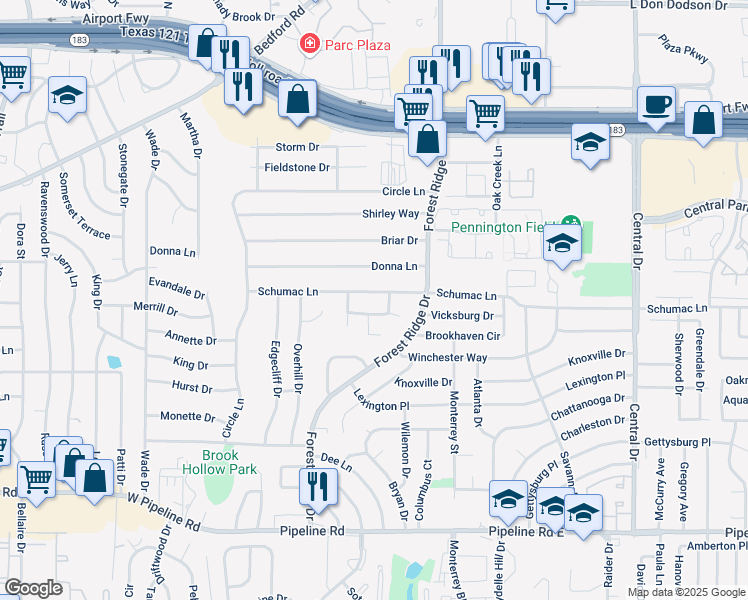 map of restaurants, bars, coffee shops, grocery stores, and more near 1516 Schumac Ln in Bedford