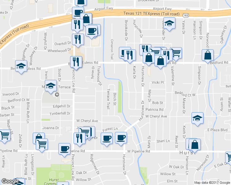 map of restaurants, bars, coffee shops, grocery stores, and more near 1144 Birch St in Hurst