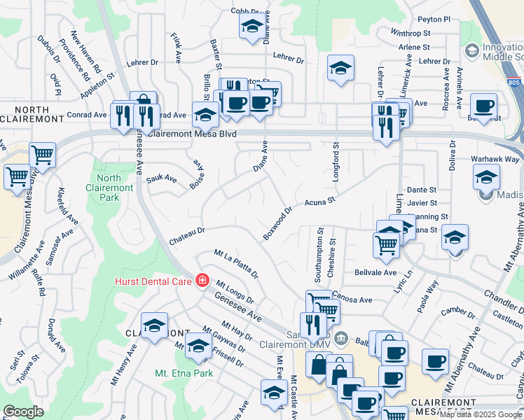 map of restaurants, bars, coffee shops, grocery stores, and more near 4706 Mount Saint Helens Way in San Diego