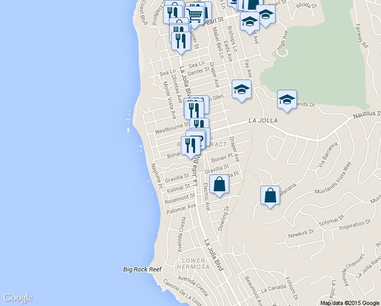 map of restaurants, bars, coffee shops, grocery stores, and more near 407 Bonair Street in San Diego