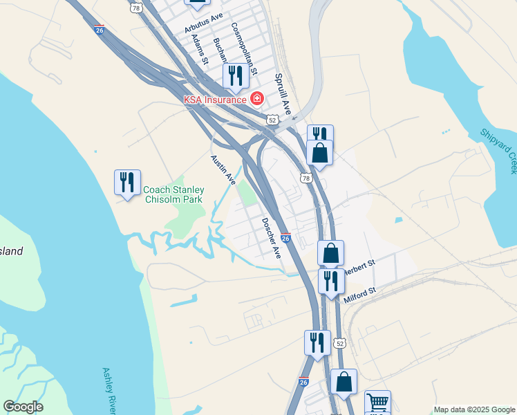 map of restaurants, bars, coffee shops, grocery stores, and more near 2227 Peace Street in Charleston