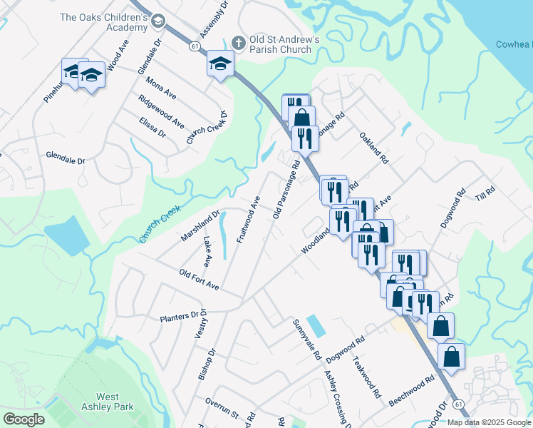 map of restaurants, bars, coffee shops, grocery stores, and more near 2135 Burlington Avenue in Charleston