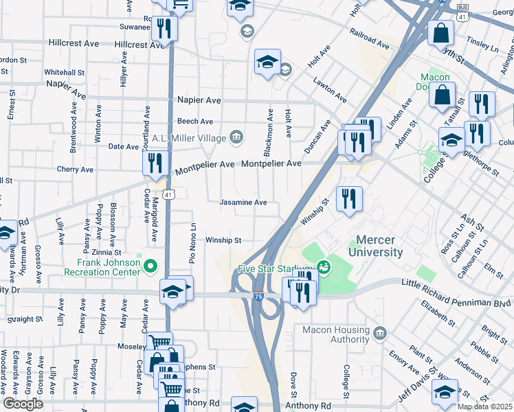 map of restaurants, bars, coffee shops, grocery stores, and more near 2132 Jasamine Avenue in Macon