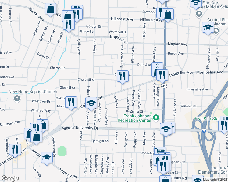 map of restaurants, bars, coffee shops, grocery stores, and more near 2859 Columbus Road in Macon