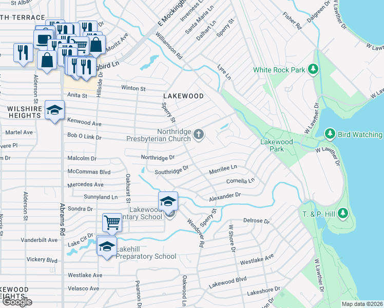 map of restaurants, bars, coffee shops, grocery stores, and more near 6850 Northridge Drive in Dallas