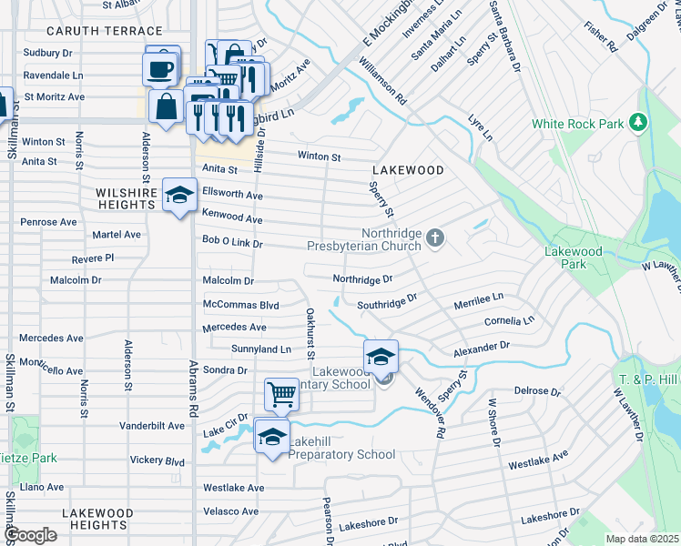 map of restaurants, bars, coffee shops, grocery stores, and more near 6711 Northridge Drive in Dallas