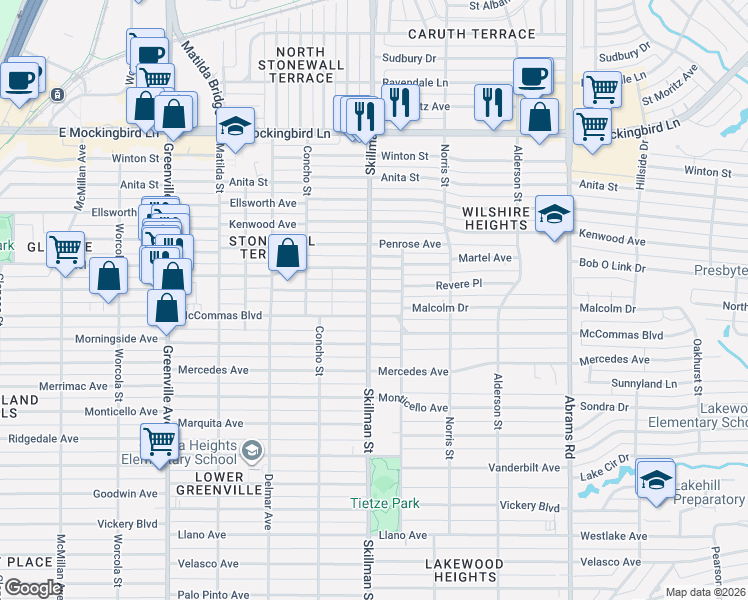 map of restaurants, bars, coffee shops, grocery stores, and more near 6050 Revere Place in Dallas