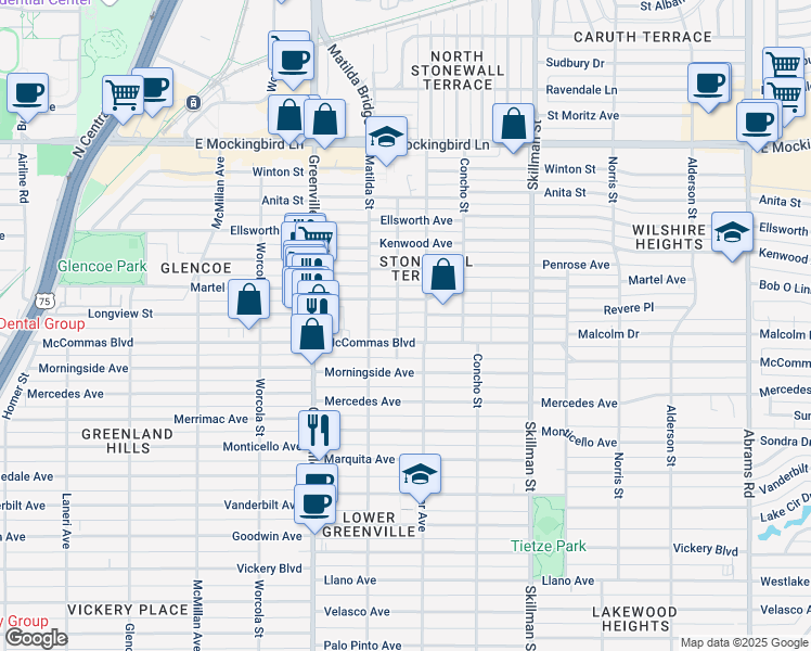 map of restaurants, bars, coffee shops, grocery stores, and more near 3516 Bremen Street in Dallas