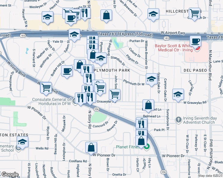 map of restaurants, bars, coffee shops, grocery stores, and more near 1528 Bradford Street in Irving