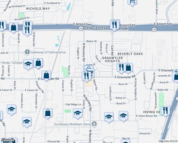map of restaurants, bars, coffee shops, grocery stores, and more near 916 Mcclendon Street in Irving