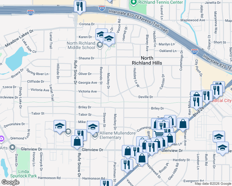 map of restaurants, bars, coffee shops, grocery stores, and more near 6929 Victoria Avenue in North Richland Hills