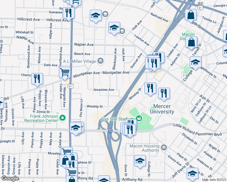map of restaurants, bars, coffee shops, grocery stores, and more near 2132 Jasamine Avenue in Macon