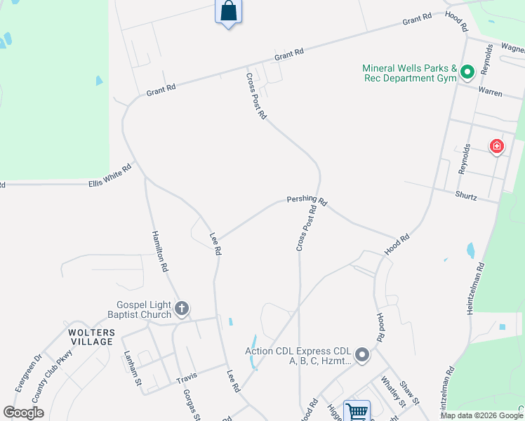 map of restaurants, bars, coffee shops, grocery stores, and more near Pershing Road in Mineral Wells