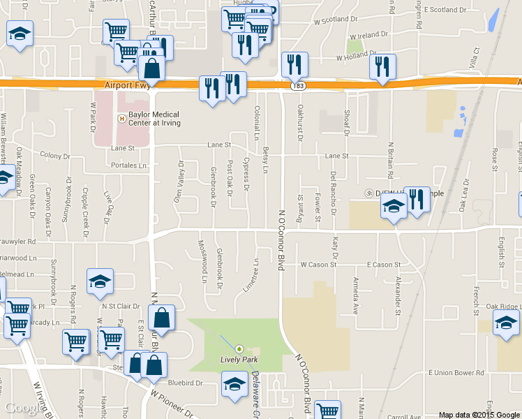 map of restaurants, bars, coffee shops, grocery stores, and more near 1525 Betsy Lane in Irving