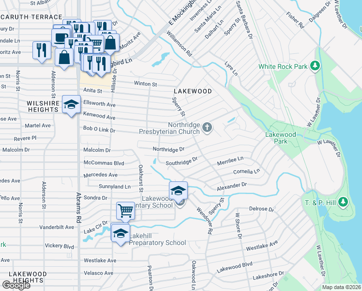 map of restaurants, bars, coffee shops, grocery stores, and more near 6817 Northridge Drive in Dallas