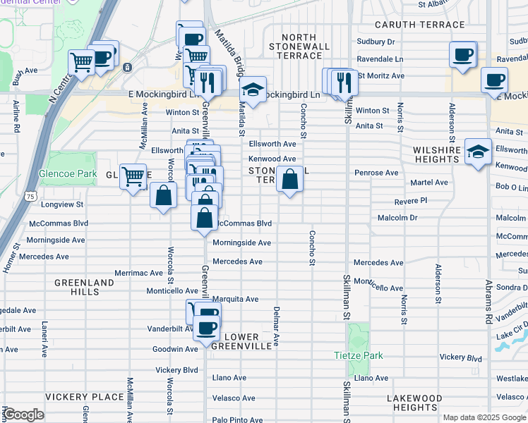 map of restaurants, bars, coffee shops, grocery stores, and more near 3516 Bremen Street in Dallas