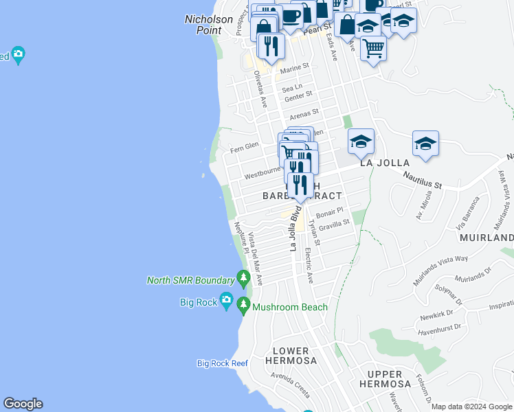 map of restaurants, bars, coffee shops, grocery stores, and more near 292 Bonair Street in San Diego