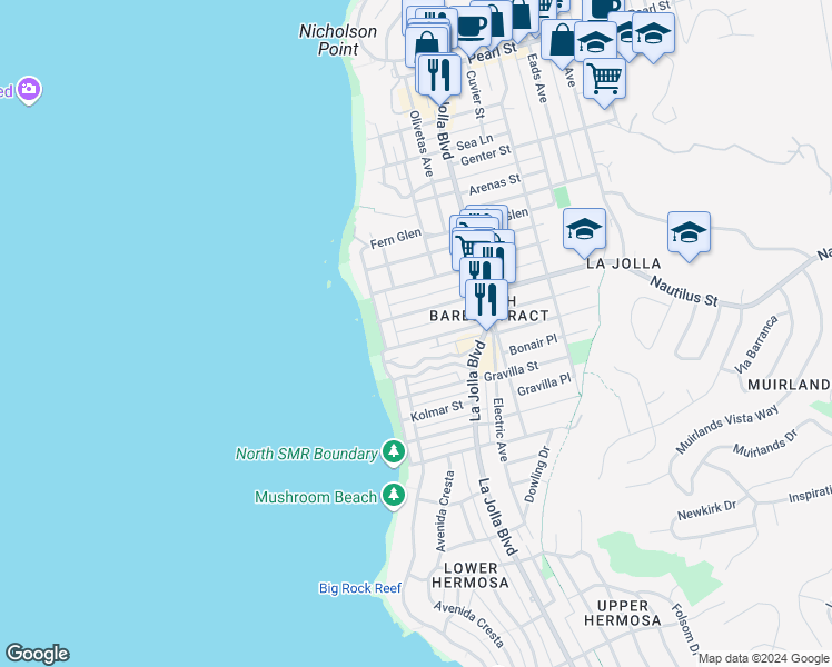 map of restaurants, bars, coffee shops, grocery stores, and more near 292 Bonair Street in San Diego