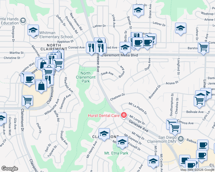 map of restaurants, bars, coffee shops, grocery stores, and more near 4649 Shoshoni Avenue in San Diego