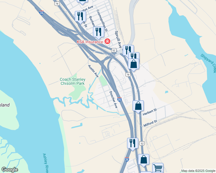 map of restaurants, bars, coffee shops, grocery stores, and more near 2227 Peace Street in Charleston