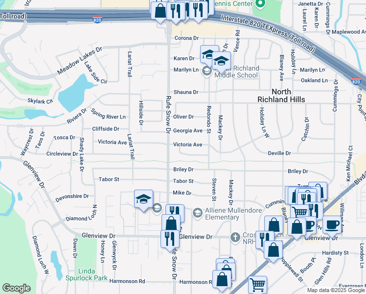map of restaurants, bars, coffee shops, grocery stores, and more near 6720 Victoria Avenue in Fort Worth