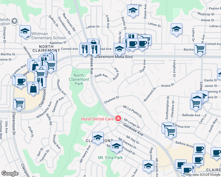 map of restaurants, bars, coffee shops, grocery stores, and more near 4515 Diane Way in San Diego
