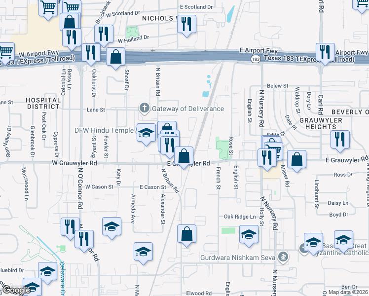 map of restaurants, bars, coffee shops, grocery stores, and more near 1601 Carolyn Street in Irving