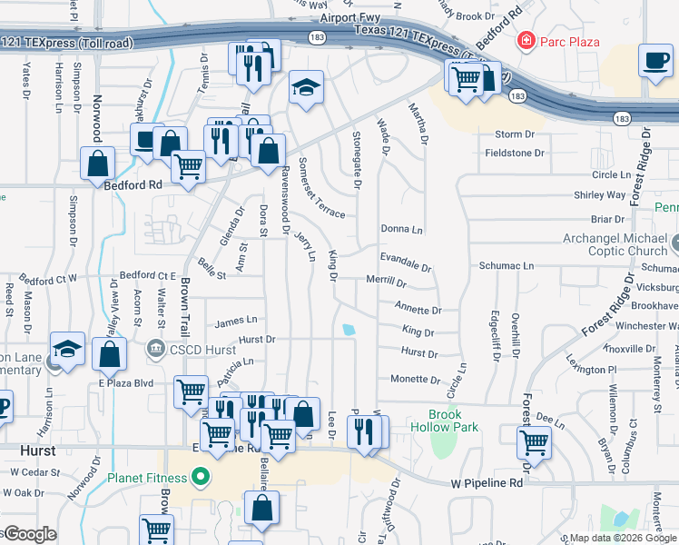 map of restaurants, bars, coffee shops, grocery stores, and more near 501 Merrill Drive in Bedford