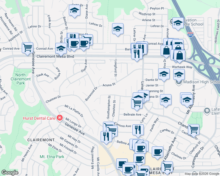 map of restaurants, bars, coffee shops, grocery stores, and more near 4971 Acuna Street in San Diego