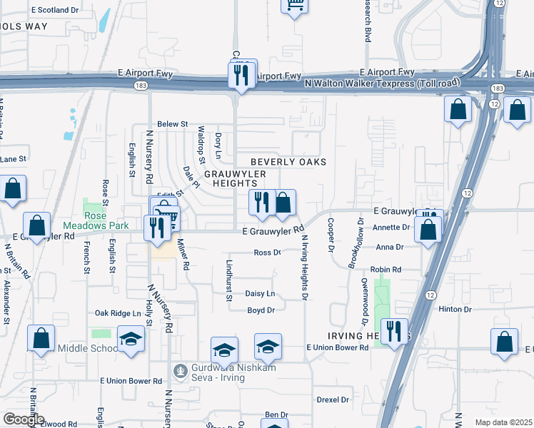 map of restaurants, bars, coffee shops, grocery stores, and more near 1413 Blackwell Drive in Irving