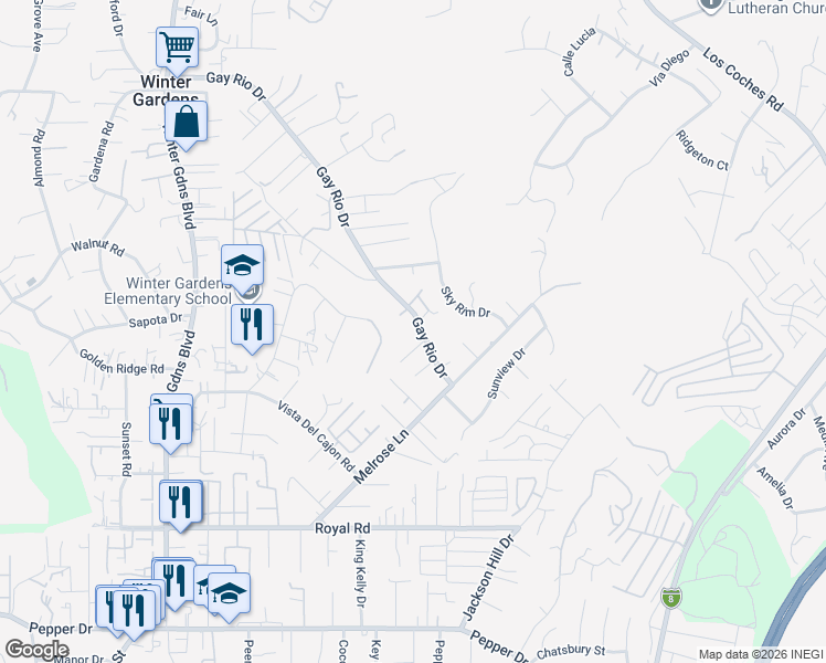 map of restaurants, bars, coffee shops, grocery stores, and more near 12417 Gay Rio Drive in Lakeside