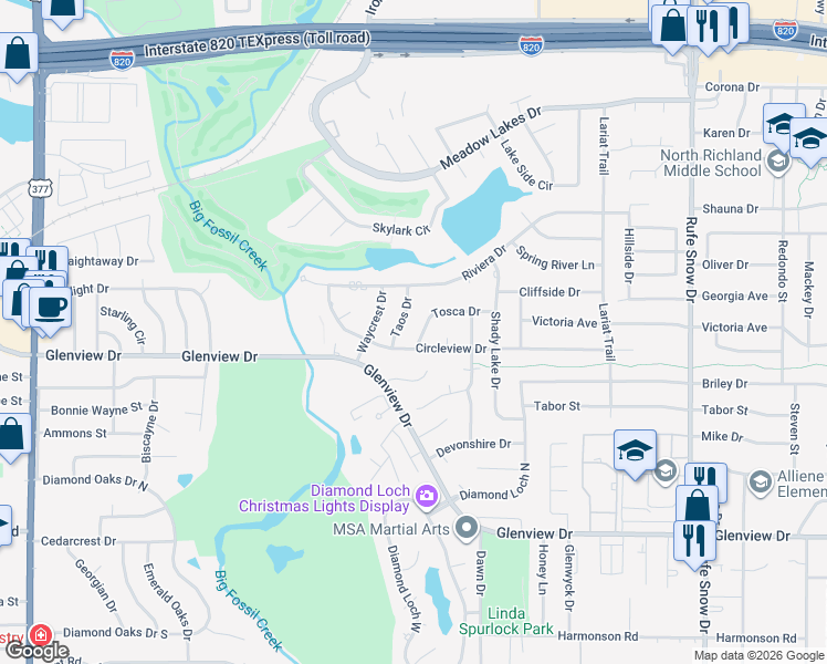 map of restaurants, bars, coffee shops, grocery stores, and more near 6305 Tosca Drive in Haltom City