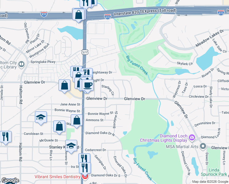map of restaurants, bars, coffee shops, grocery stores, and more near 5733 Starling Circle in Fort Worth