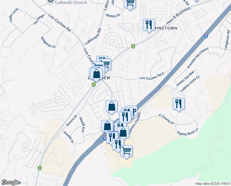 map of restaurants, bars, coffee shops, grocery stores, and more near 8469 Sleepy Way in El Cajon