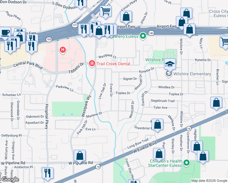 map of restaurants, bars, coffee shops, grocery stores, and more near 509 Evans Drive in Euless