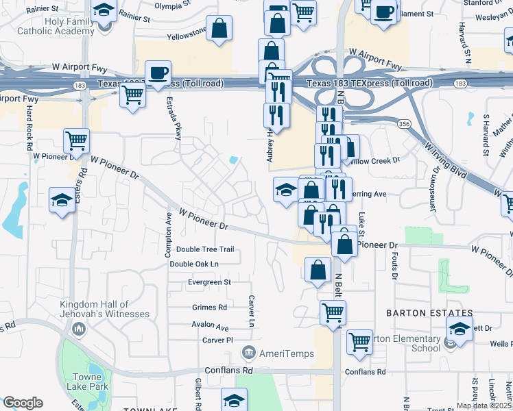 map of restaurants, bars, coffee shops, grocery stores, and more near 3717 West Pioneer Drive in Irving