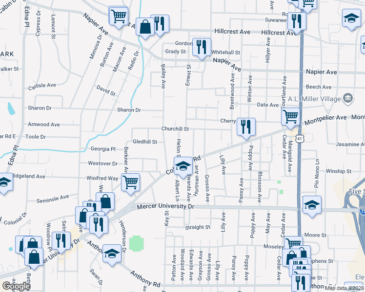 map of restaurants, bars, coffee shops, grocery stores, and more near 1446 Helon Street in Macon