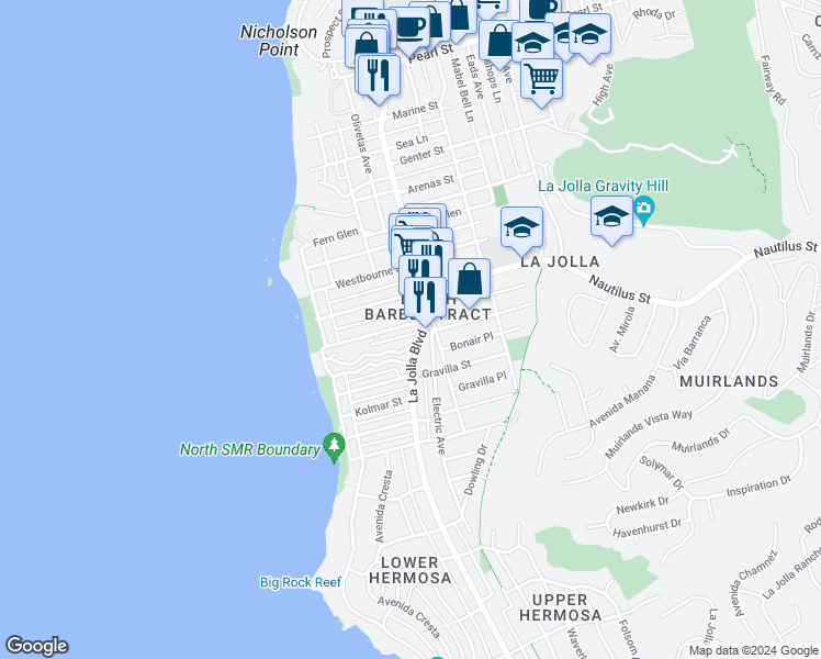 map of restaurants, bars, coffee shops, grocery stores, and more near 425 Bonair Street in San Diego