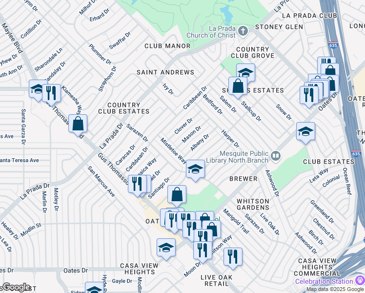 map of restaurants, bars, coffee shops, grocery stores, and more near 3062 Mason Drive in Mesquite