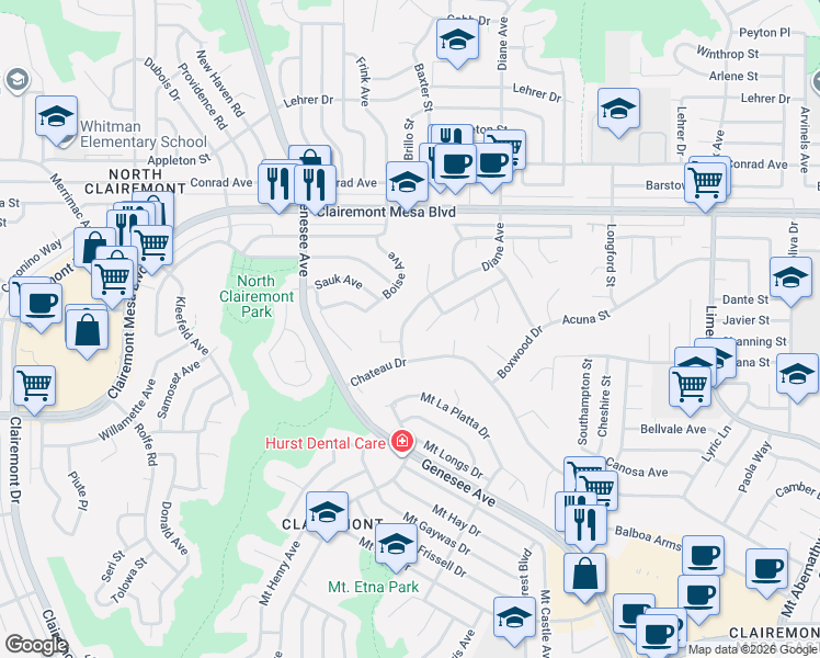 map of restaurants, bars, coffee shops, grocery stores, and more near 4681 Diane Ave in San Diego
