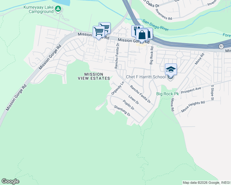 map of restaurants, bars, coffee shops, grocery stores, and more near 8513 Organdy Lane in Santee