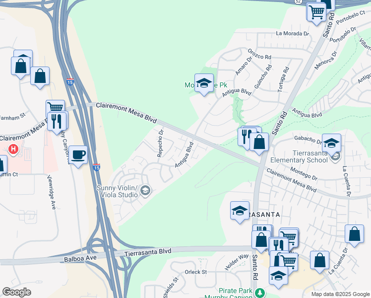 map of restaurants, bars, coffee shops, grocery stores, and more near 5449 Escarchosa Lane in San Diego