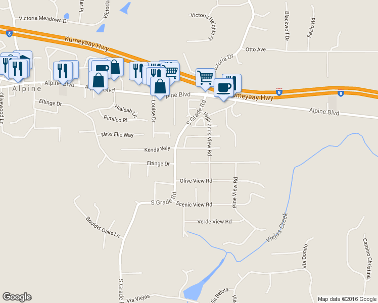 map of restaurants, bars, coffee shops, grocery stores, and more near 2859 Manzanita View Road in Alpine