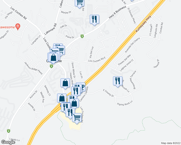 map of restaurants, bars, coffee shops, grocery stores, and more near 8412 Alado Place in El Cajon