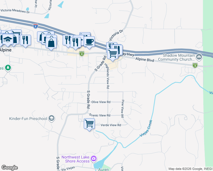 map of restaurants, bars, coffee shops, grocery stores, and more near 2933 Manzanita View Road in Alpine