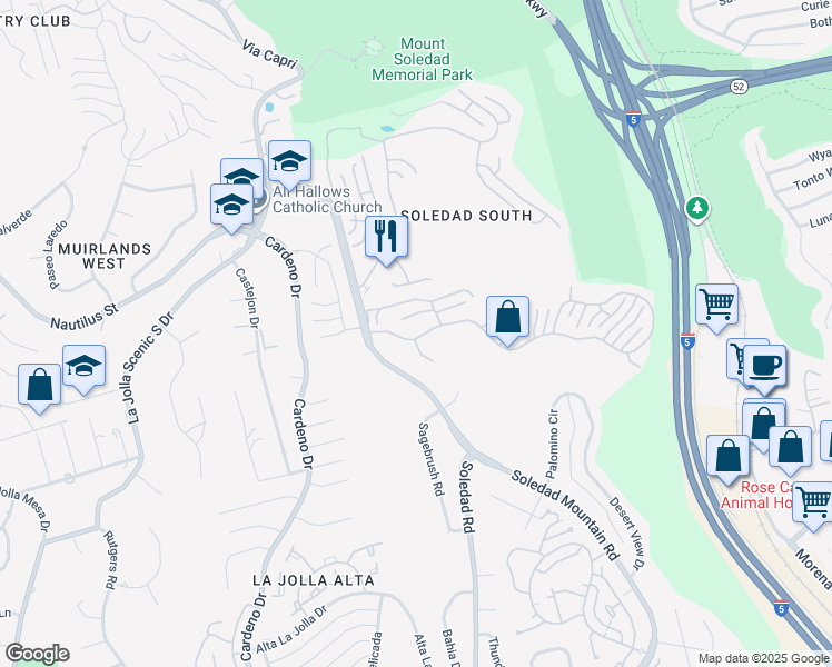 map of restaurants, bars, coffee shops, grocery stores, and more near 2414 Ridgegate Row in San Diego