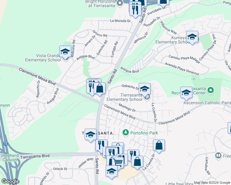 map of restaurants, bars, coffee shops, grocery stores, and more near 5496 Mantua Court in San Diego