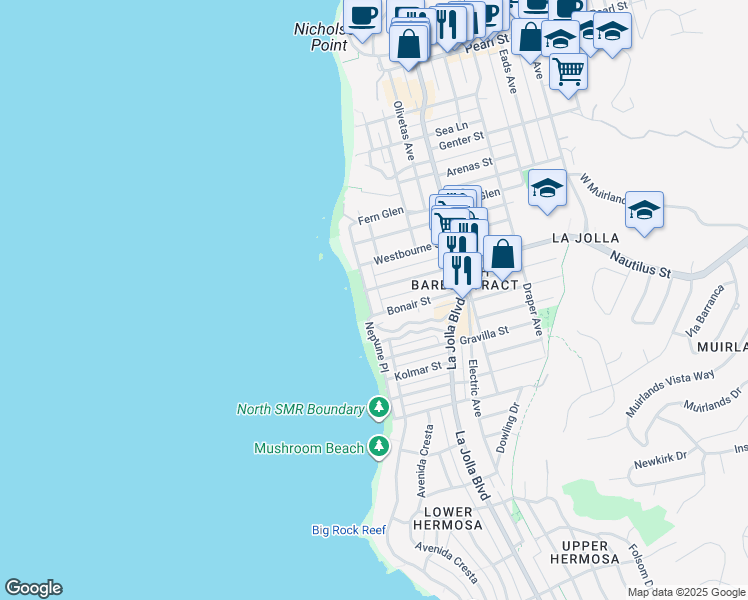 map of restaurants, bars, coffee shops, grocery stores, and more near 6823 Neptune Place in San Diego
