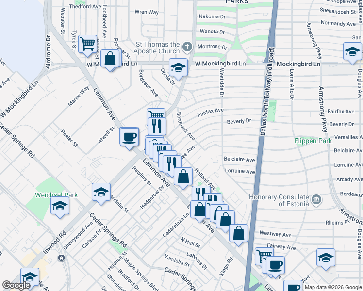 map of restaurants, bars, coffee shops, grocery stores, and more near 5615 La Foy Boulevard in Dallas
